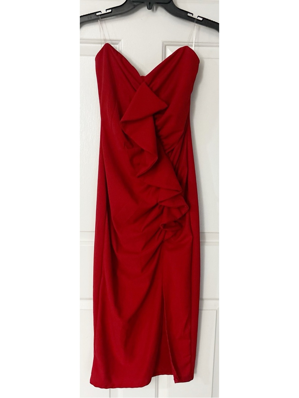 Fashion Nova Women's Red Strapless Bodycon Ruffled Detailed Dress Sz L